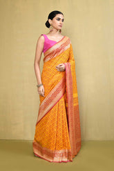 Mustard and Peach Pink Handloom Reshmi Tanchoi Banarasi Saree With Handwoven  Border
